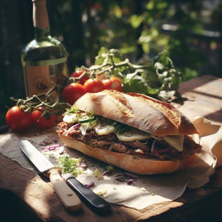 Sandwich with meat, vegetables and cheese on rustic wooden tableの素材