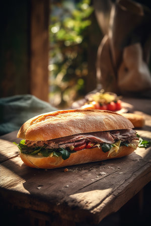 Sandwich with beef, cheese and vegetables on a rustic wooden tableの素材