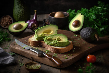 Avocado toast on a wooden board with ingredients, rustic styleの素材