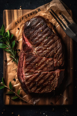 Grilled beef steak with herbs and spices on dark background, top viewの素材