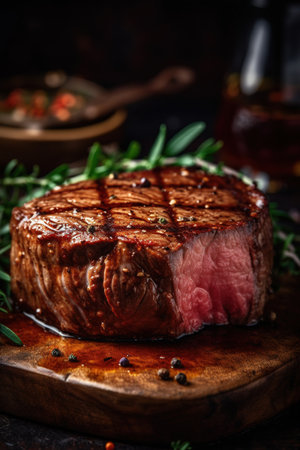 Grilled beef steak with rosemary and spices on a wooden boardの素材