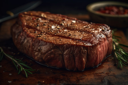 grilled beef steak with rosemary and spices on a dark backgroundの素材