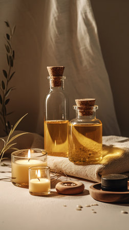 Spa still life with essential oil, candles and towels on tableの素材