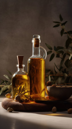 Olive oil in a glass bottle and olive branch on a wooden tableの素材