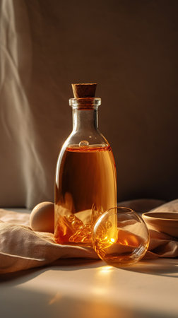 Aromatherapy oil in glass bottle on table, closeupの素材
