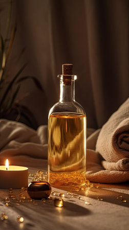 Spa still life with oil bottle, candles and towel on wooden tableの素材