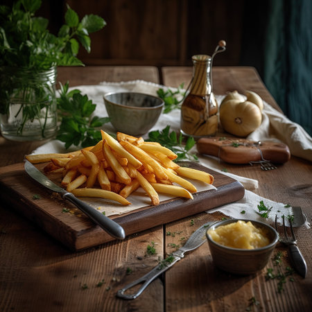 French fries with butter and herbs on a rustic wooden background.の素材