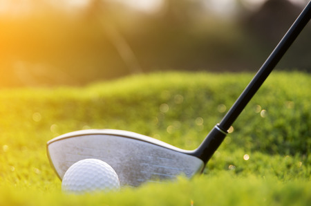 Golf club and ball in grassの写真素材