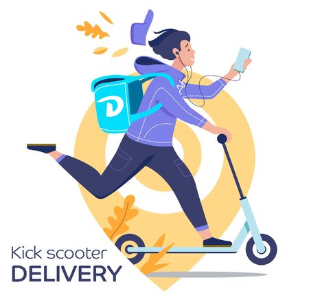 Young man on a kick scooter delivers to order, flat vector illustrationのイラスト素材