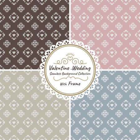 Seamless heart tile vector wedding valentine pattern  set with frame.Wedding and valentine background collection with label.のイラスト素材