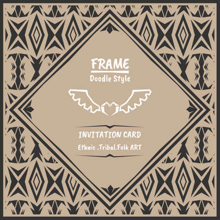 Doodle tribal ethnic style frame .Bohemian Invitation card. folk banner.のイラスト素材