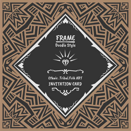 Abstract Doodle vector tribal ethnic style frame .Native Invitation card. Folk style banner.のイラスト素材
