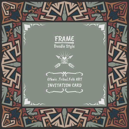 Abstract doodle style frame.Ethnic tribal invitation template.のイラスト素材