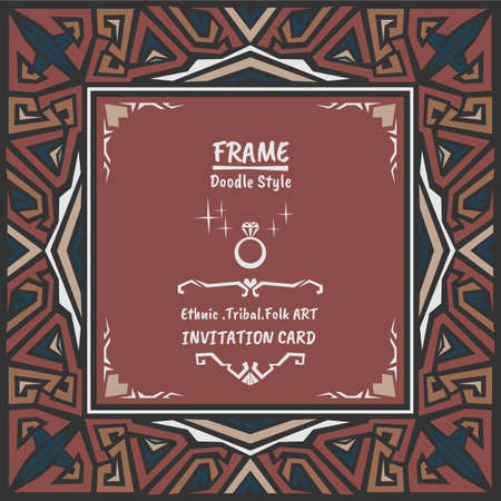 Abstract doodle style frame.Ethnic tribal invitation template.のイラスト素材
