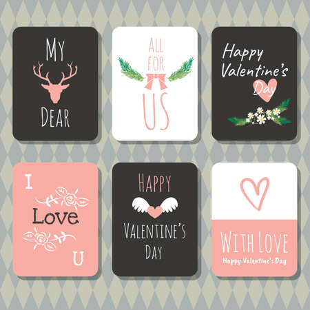 Valentine's day vector greeting card doodle style collection with diamond seamless background.のイラスト素材