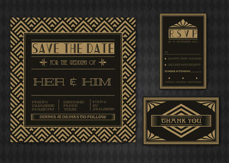 Wedding invitation card vector template set. Art deco style.のイラスト素材