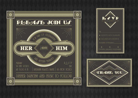 Wedding invitation card vector template set. Art deco style.のイラスト素材