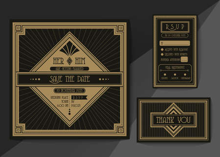 Wedding invitation card vector template set. Art deco style invitation card .のイラスト素材