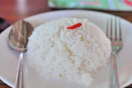 Cooked jasmine rice on the dishの写真素材