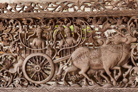 Woodern craft in story of northern people traveling by oxcart made from teakwoodの写真素材