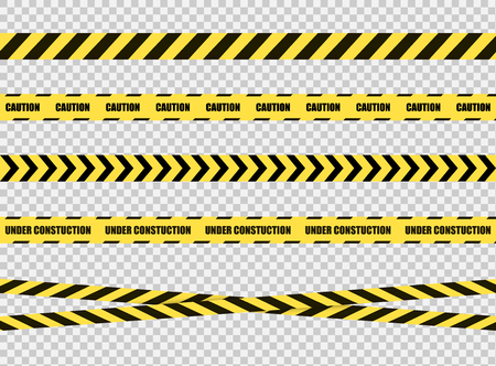 Vector Stop Tapes Collection, Danger Zone Sign, Bright Yellow and Black Cross Lines on Transparent Background.のイラスト素材