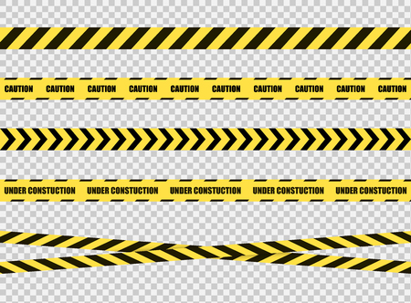 Vector Stop Tapes Collection, Danger Zone Sign, Bright Yellow and Black Cross Lines on Transparent Background.