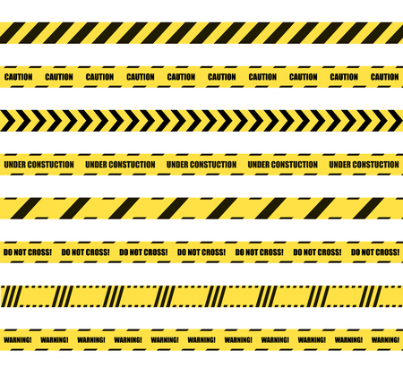 Vector Set of Dengerous Ribbons, Cross Barrier Lines, Yellow and Black Colors Isolated on White Background.のイラスト素材