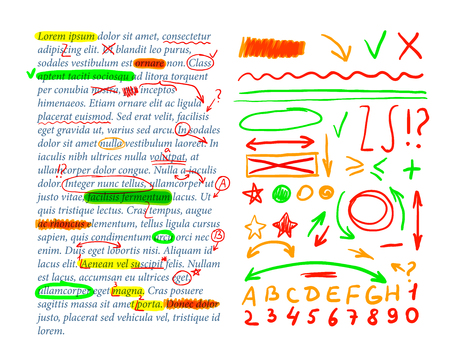 Vector Text Correction Marks, Text Template, Design Elements Set, Exercise Book Check. Template Illustration.のイラスト素材