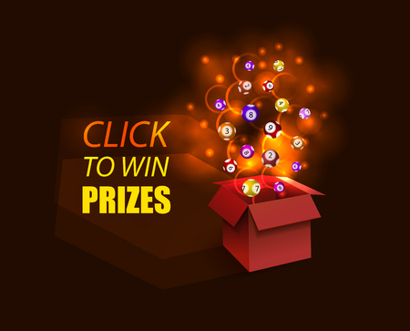 Vector Open Red Box, Glowing Magic, Smoke, Firework Explosion and Lottery Balls, Glowing Illustration, Shiny Background.のイラスト素材