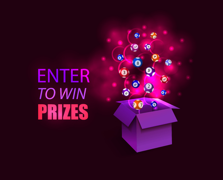 Vector Illustration: Open Surprize Box and Text: Enter to Win Prizes, Glowing Image. Shining Magical Illustration.のイラスト素材