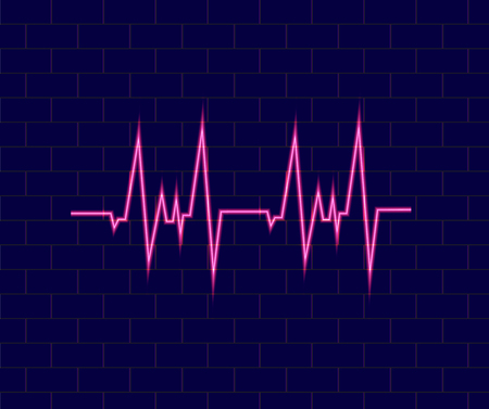 Vector Neon Pulse, HeartBeat Scheme Glowing on Dark Brick Wall Background.のイラスト素材