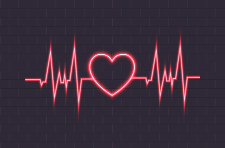 Vector Neon Heartbeat Illustration, Glowing Lines, Brick Wall Background.のイラスト素材