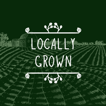 Vector Logo Locally Grown, Farming Icon, Doodle Framel, Farm Field Hand Drawn Background.のイラスト素材