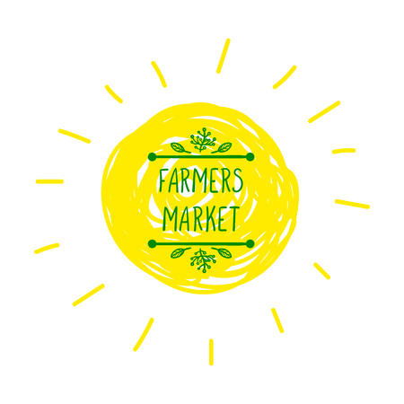 Vector Farmer's Market Logo on Hand Drawn Sun Background, Icon Isolated on White Background.のイラスト素材