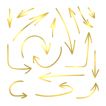 Set of Shiny Golden Metallic Arrows Isolated on White Background, Gold Textured Icons Collection.のイラスト素材
