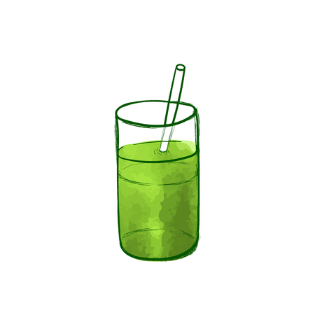 Vector Green Cocktail Doodle Illustration, Watercolor Painting, Hand Drawn Icon Isolated on White Background.のイラスト素材