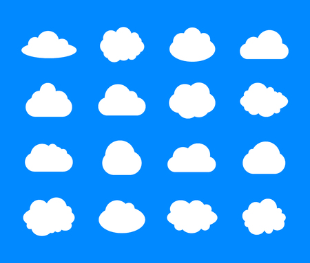 Vector Set of Clouds, White Weather Icons on Blue Sky Background, Flat Design Illustrations, Blank Frames.のイラスト素材