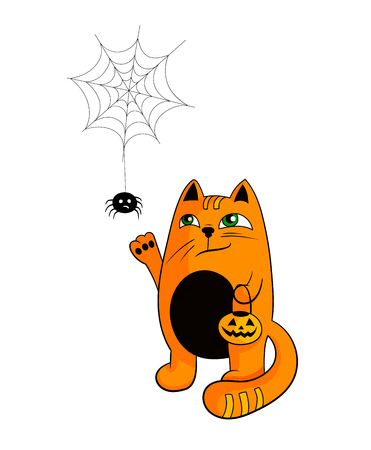 Vector Halloween Cat, Cute Animal Character Illustration, Personage with Spider Isolated on White Background.のイラスト素材