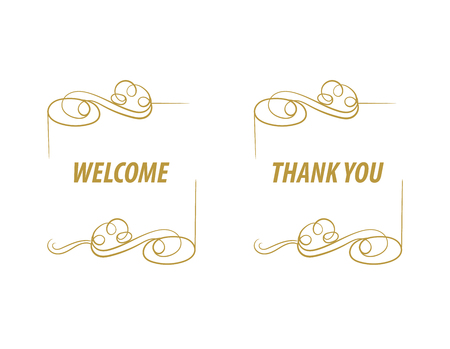 Vector Golden Luxury WELCOME and THANK YOU Signs, Isolated on White Background Calligraphic Frames and Words.のイラスト素材
