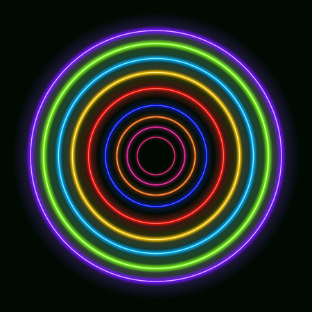 Vector Colorful Neon Circles, Shining on Dark Background Rainbow Colored Rings.のイラスト素材