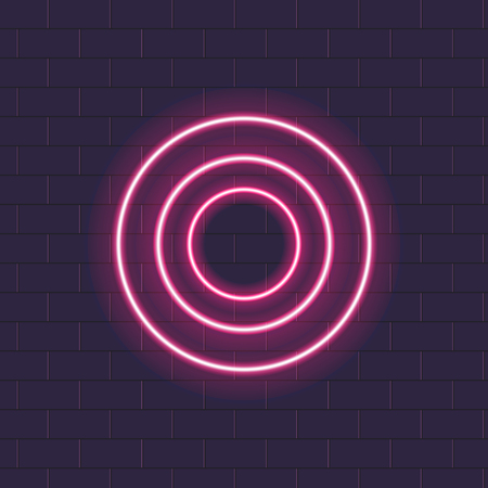 Vector Circle Neon Lamps, Brick Wall Background, Pink Power Glowing Lines Banner for Your Design.のイラスト素材