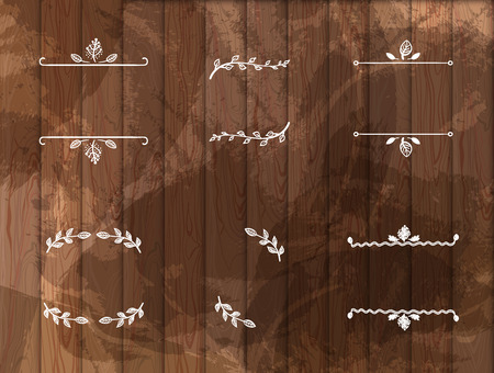 Vector Set of Chalk Drawn Floral Frames on Dark Wooden Background.のイラスト素材