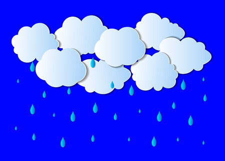 Vector Rain Background, Light Gray Clouds and Bright Blue Drops, Paper Art.のイラスト素材