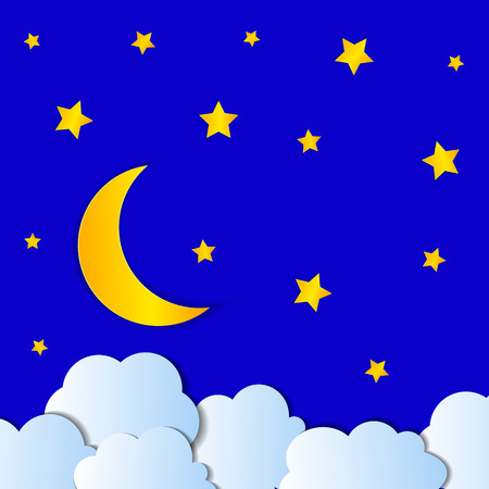 Vector Paper Moon, Stars and Clouds, Origami Illustration, Colorful Background.のイラスト素材