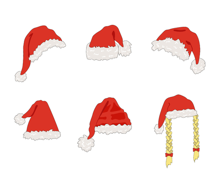 Vector Cartoon Santa Hats, Christmas Design Element, Set Isolated on White Background.のイラスト素材