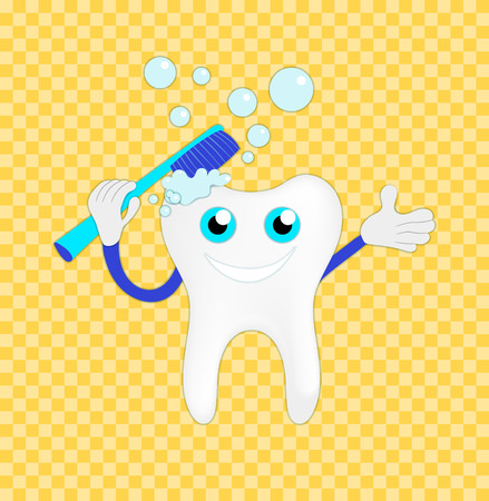 Vector Smiling and Washing Tooth Illustration on Bright Background, Paper Art Style.のイラスト素材