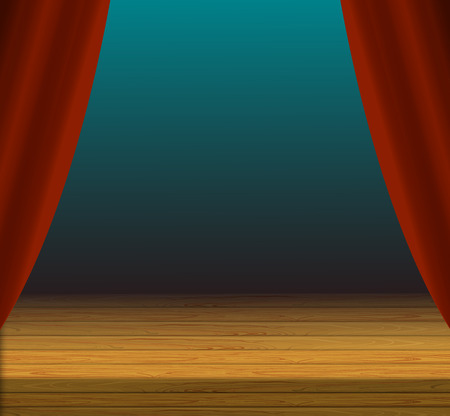 Vector Cartoon Stage Background, Red Curtains and Wooden Floor, Colorful Illustration.のイラスト素材