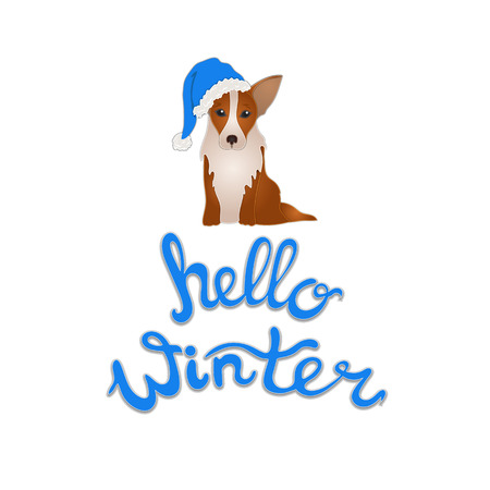 Vector Hello Winter Illustration with Symbol of the 2019 Year: Dog, Isolated on White Background Holiday Illustration.のイラスト素材