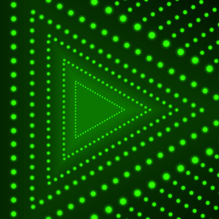 Vector Triangle Shining Background, Glowing Circles, Green Pattern Lights on Dark Background, Neon Arrow.のイラスト素材