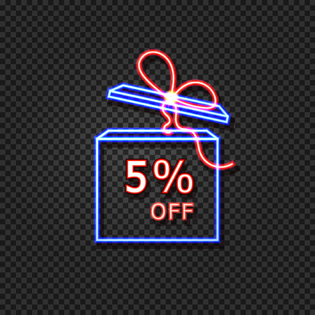 Vector 5 Off Discount Sign, Neon Gift Box Shining on Dark Transparent Background, Sale Tag.のイラスト素材